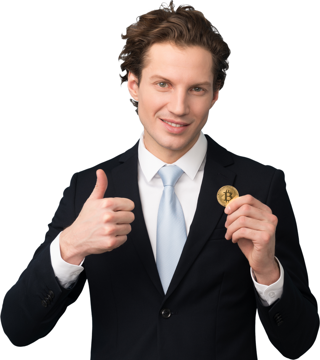Businessman Holding a Bitcoin Token
