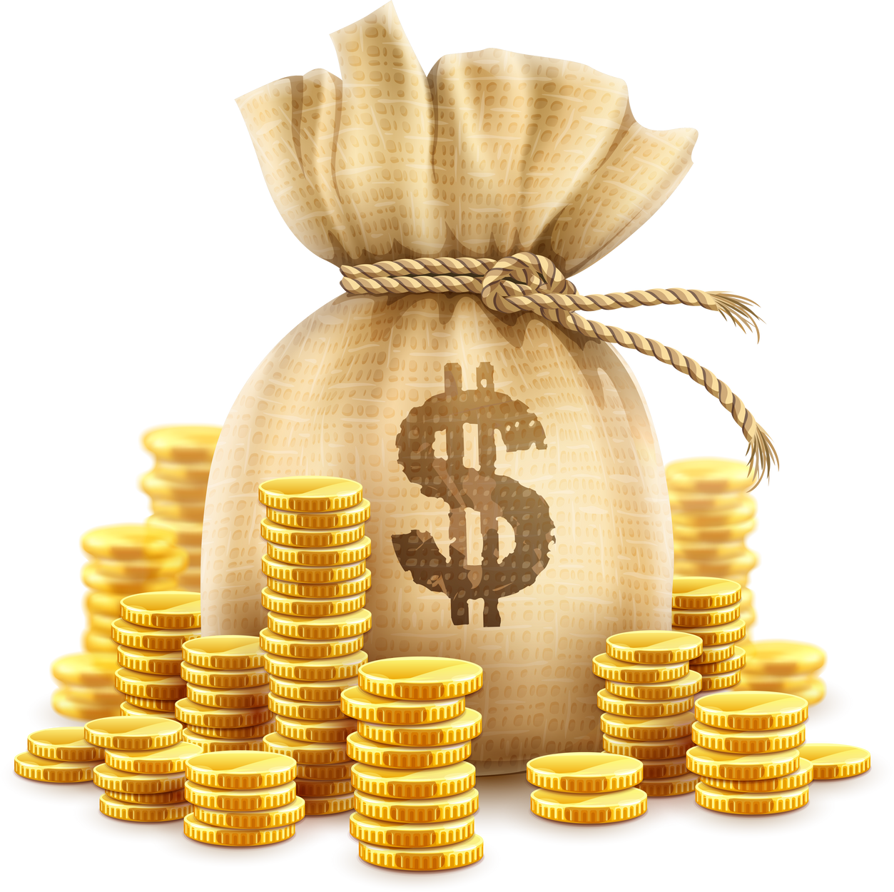 Full sack of cash money gold coins PNG
